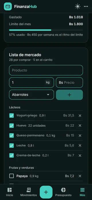 Lista de mercado en el celular, agrupada por lácteos y abarrotes, con cantidades y precio de cada producto.