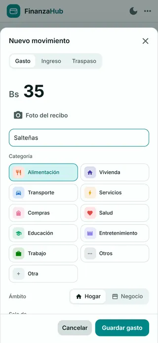 Hoja Nuevo movimiento en el celular: gasto de Bs 35 en Salteñas, categoría Alimentación, ámbito Hogar.