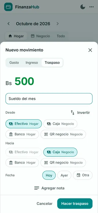 Traspaso de Bs 500 desde Efectivo del hogar hacia Caja del negocio.